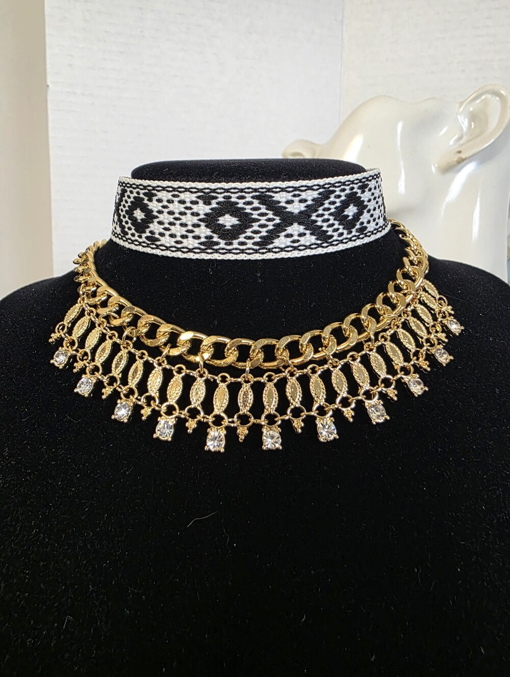 Boho Gold Fringe Chain Rhinestone & Woven Geometric Choker Necklace Set
